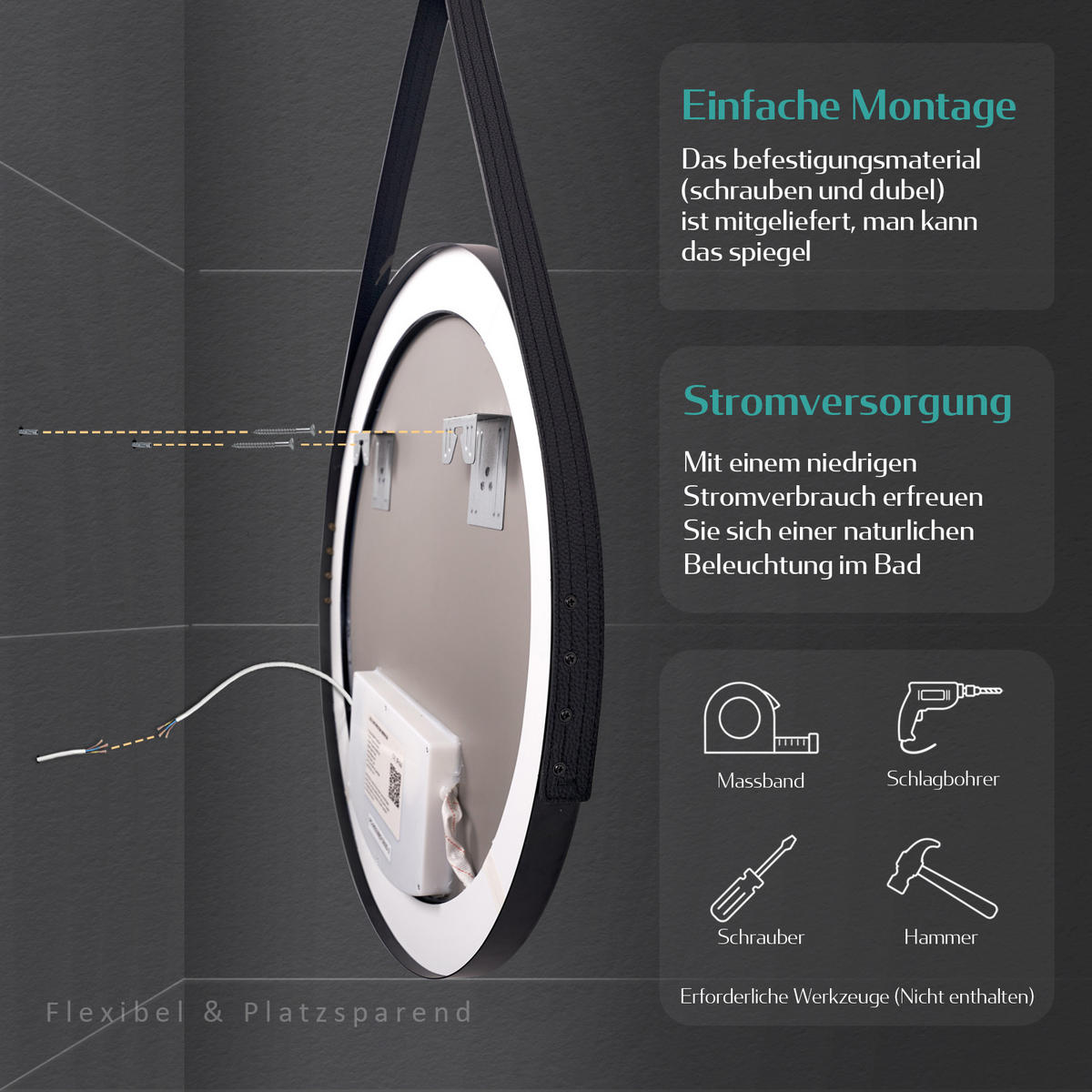 BADSPIEGEL Rund mit Touch-Schalter Beleuchtung mit Hängeriemen Schwarz ф70 cm - Schwarz, Glas (70/3/70cm) - EMKE