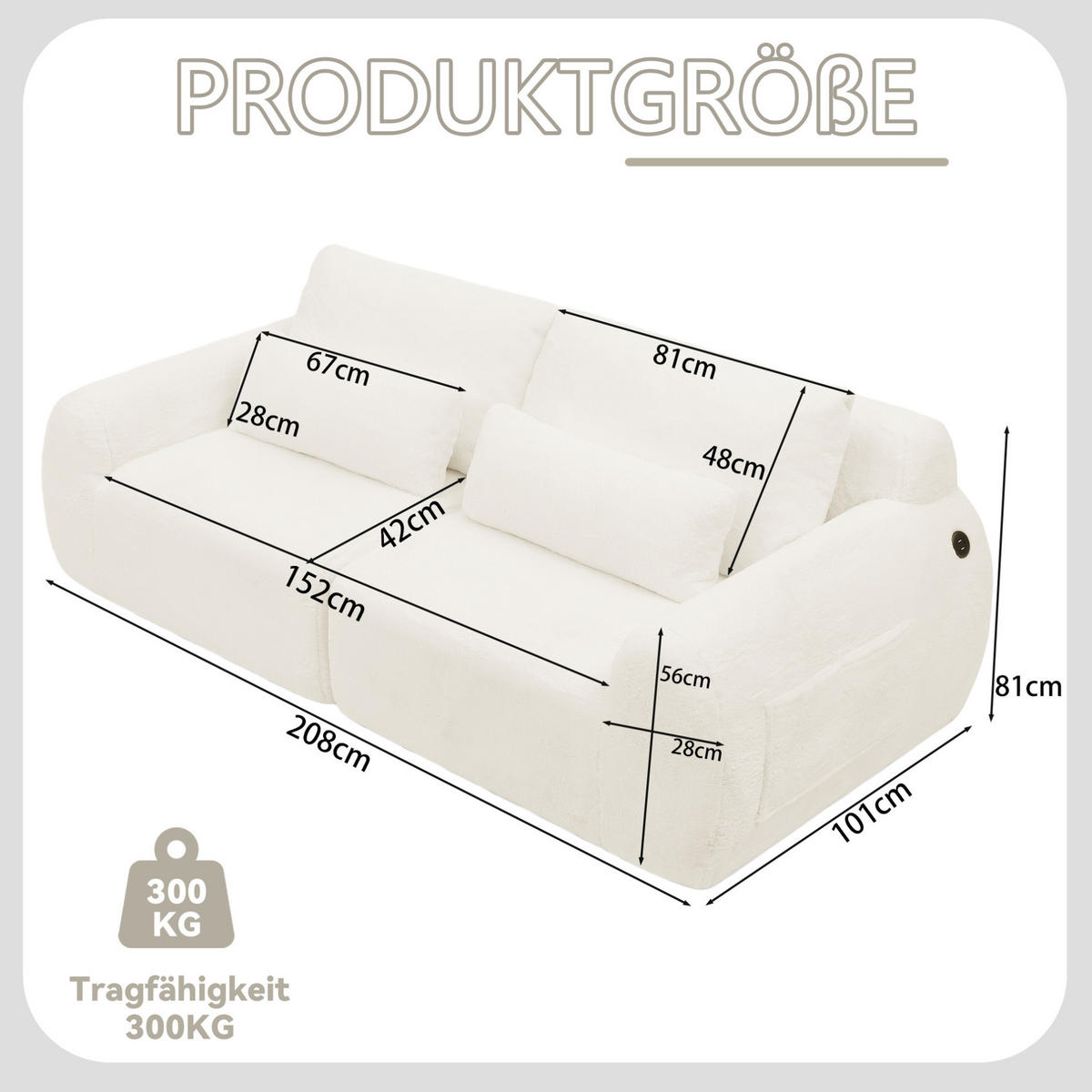 2-SITZER SOFA mit USB-Anschluss und Magazintasche Beige - Beige, Kunststoff (208/81/101cm) - Meubliv