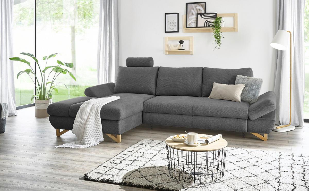 ECKSOFA grau Struktur-Stoff, Sofa mit Bettfunktion und Stauraum 284 cm - Grau, Holz/Textil (166/284cm) - Furn.Design