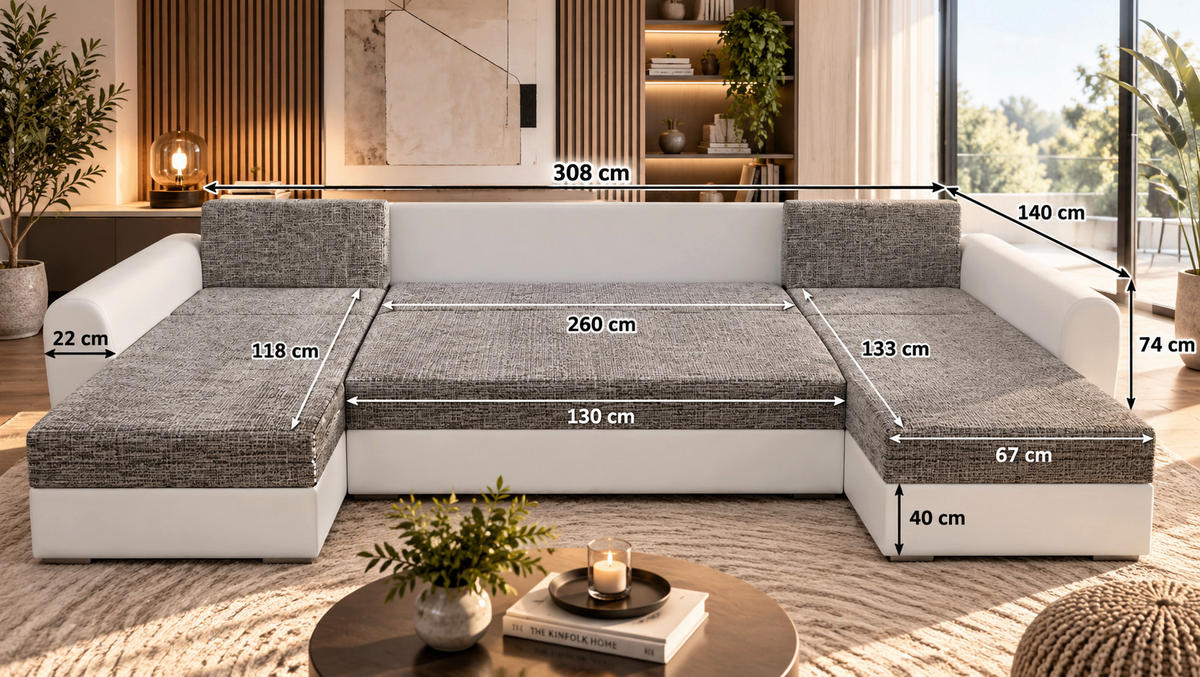 WOHNLANDSCHAFT PUMA U-Form 308 cm mit Schlaffunktion, Bettkasten, Kunstleder-Stoff oder Samt, verschiedene Farben - Rot/Schwarz, Kunststoff (308/85/140cm) - Wohnideebilder