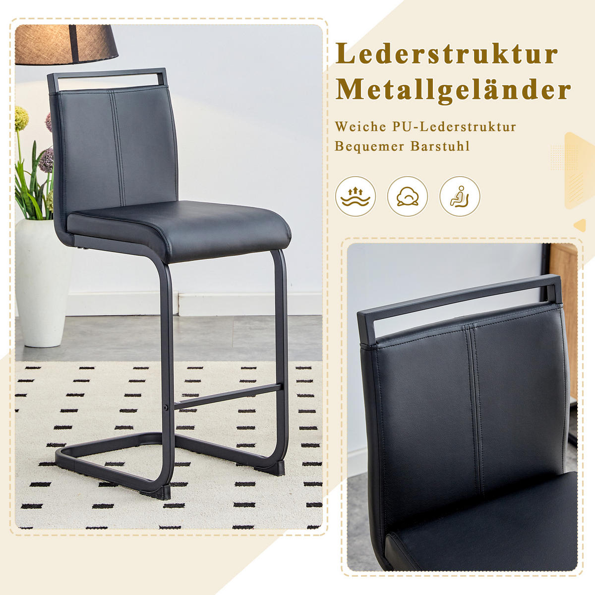 BARHOCKER 2er-Set Schwarz mit Fußstütze - Schwarz, Metall (46.5/96.5/39cm) - MIVRAY