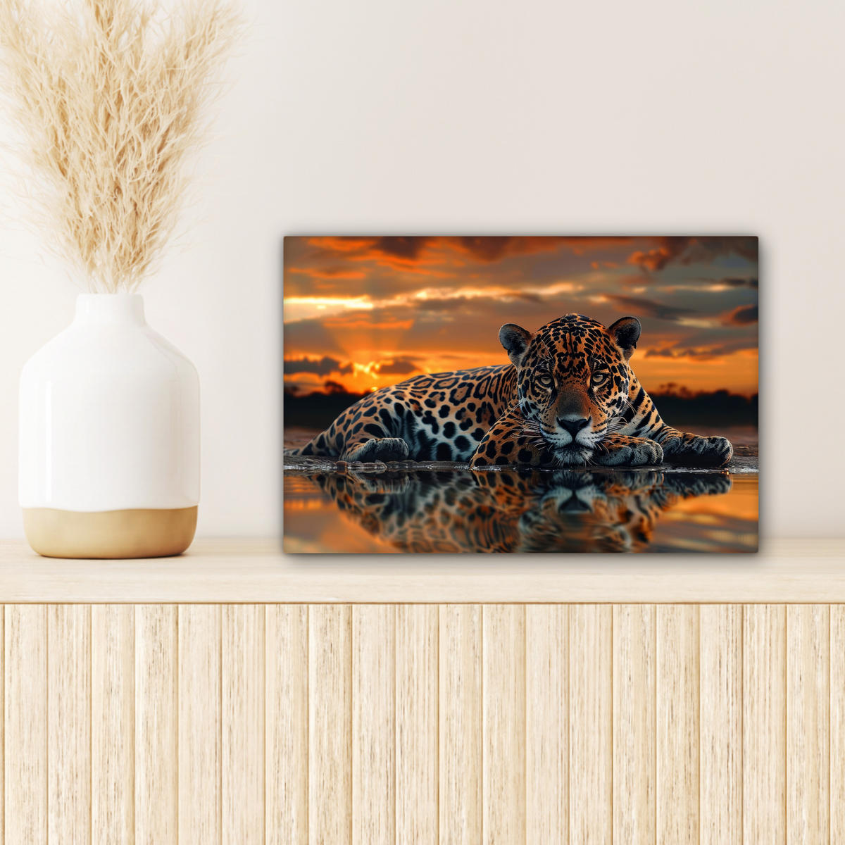 LEINWANDBILD Natur - Leopard - Tier - Sonnenuntergang - Modern Deko Schlafzimmer 30x20 cm - Orange, Textil (30/20cm) - MuchoWow
