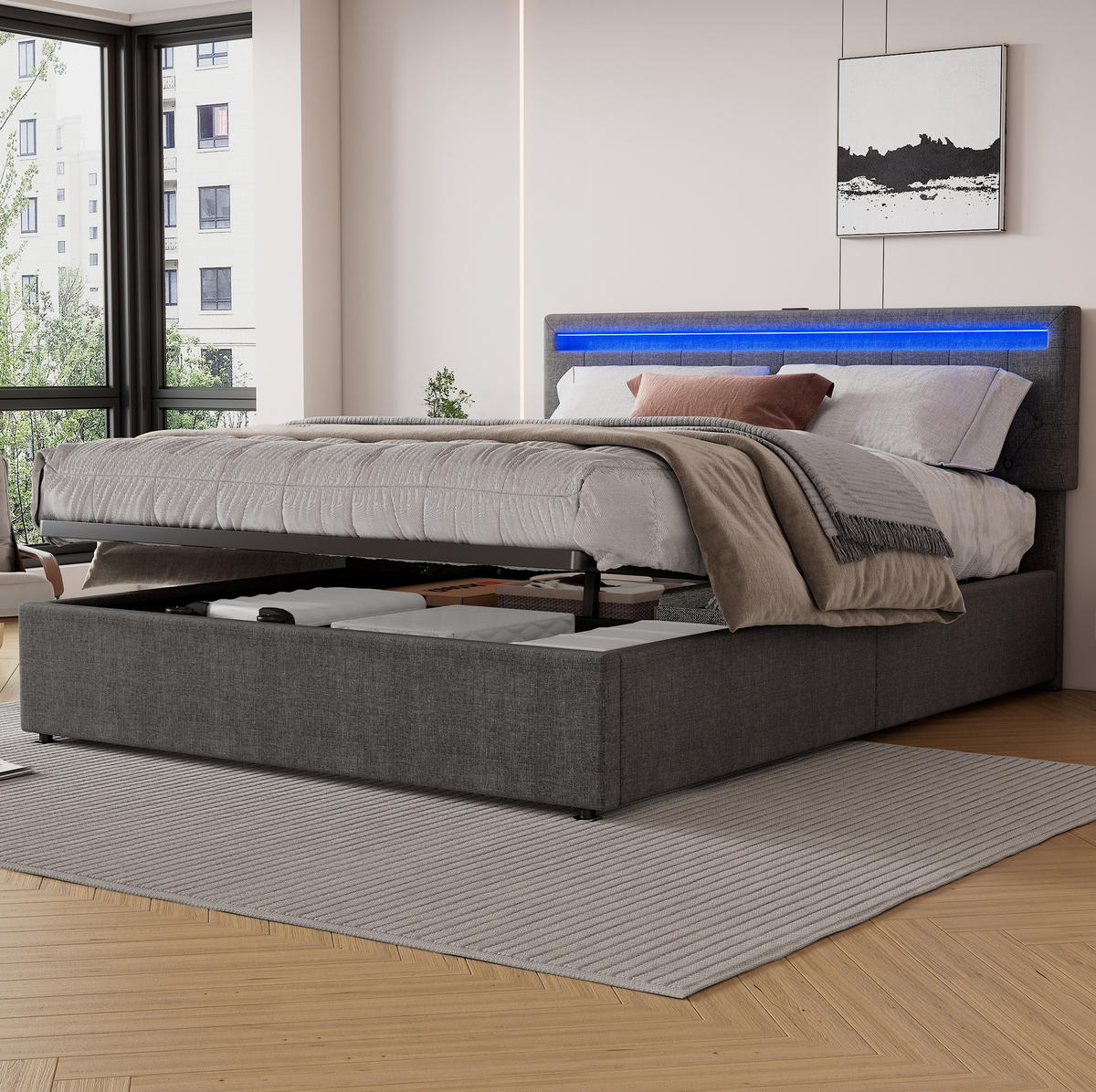 POLSTERBETT 160/200 cm Grau mit LED-Umgebungslicht und USB-Anschluss Ohne Matratze - Grau, Textil (160/200cm) - OKWISH