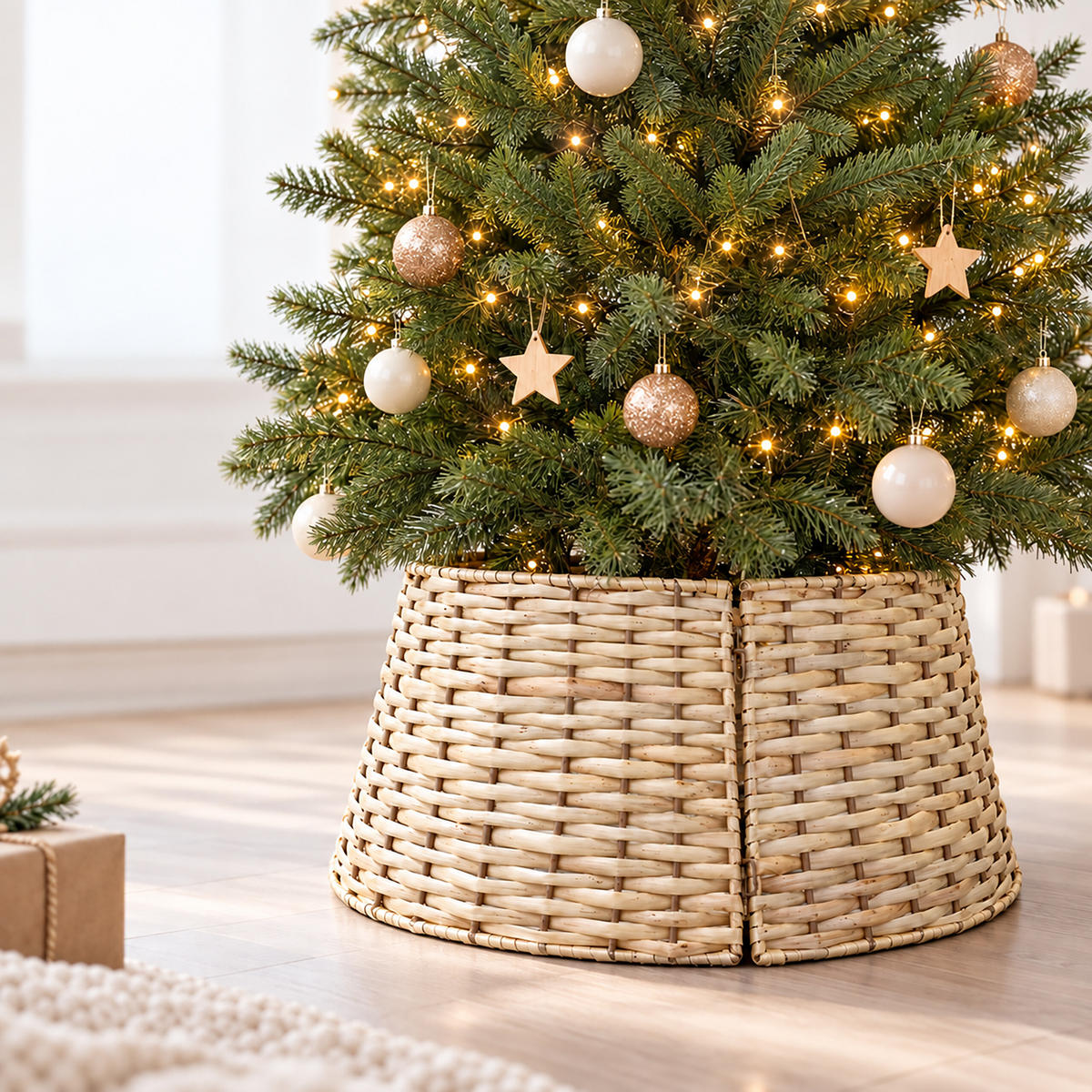 WEIHNACHTSBAUMROCK Natur 3-tlg. Weidengeflecht 60 cm - Hellbraun, Holz (26cm) - Relaxdays