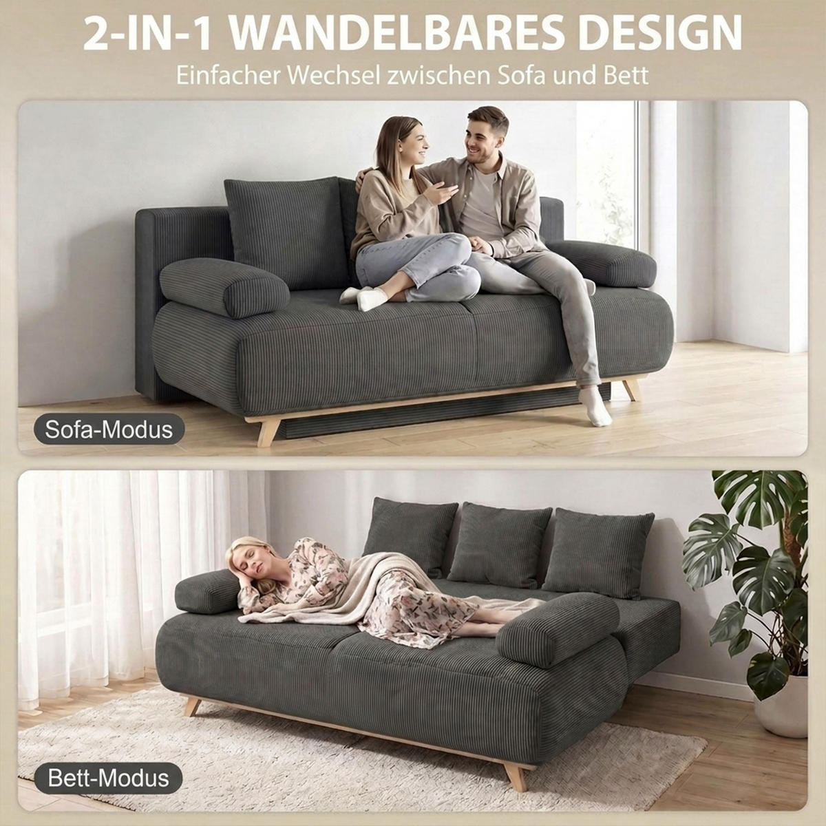 SCHLAFSOFA Grau 188.0/100.0/84.0cm - Grau, Textil (100/84/188cm)