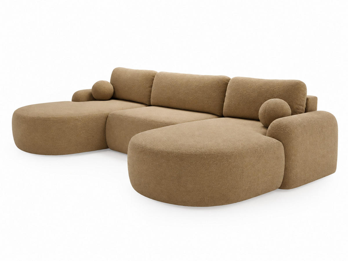 ECKSOFA Aurio U Bouclé-Stoff Hellbraun - Hellbraun/Schwarz, Kunststoff/Textil (347/177cm) - Graingold