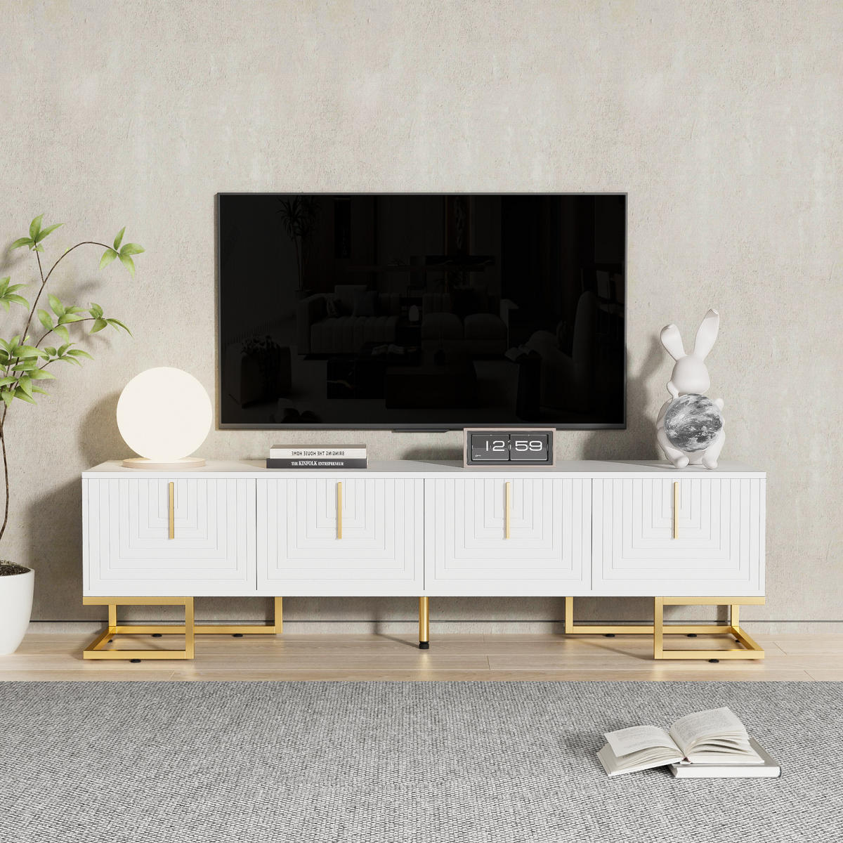 TV Lowboard 170x40x45 cm, Strukturfront, goldene Füße, Weiß - Weiß, Holz (170/45/40cm)