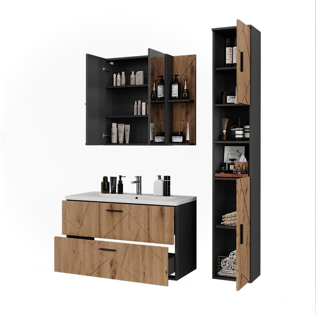 SESTAVA KOUPELNOVÉHO NÁBYTKU Irma Antracit/Artisan - antracitová/dub artisan, kompozitní dřevo (100/57/44.6cm) - Vicco