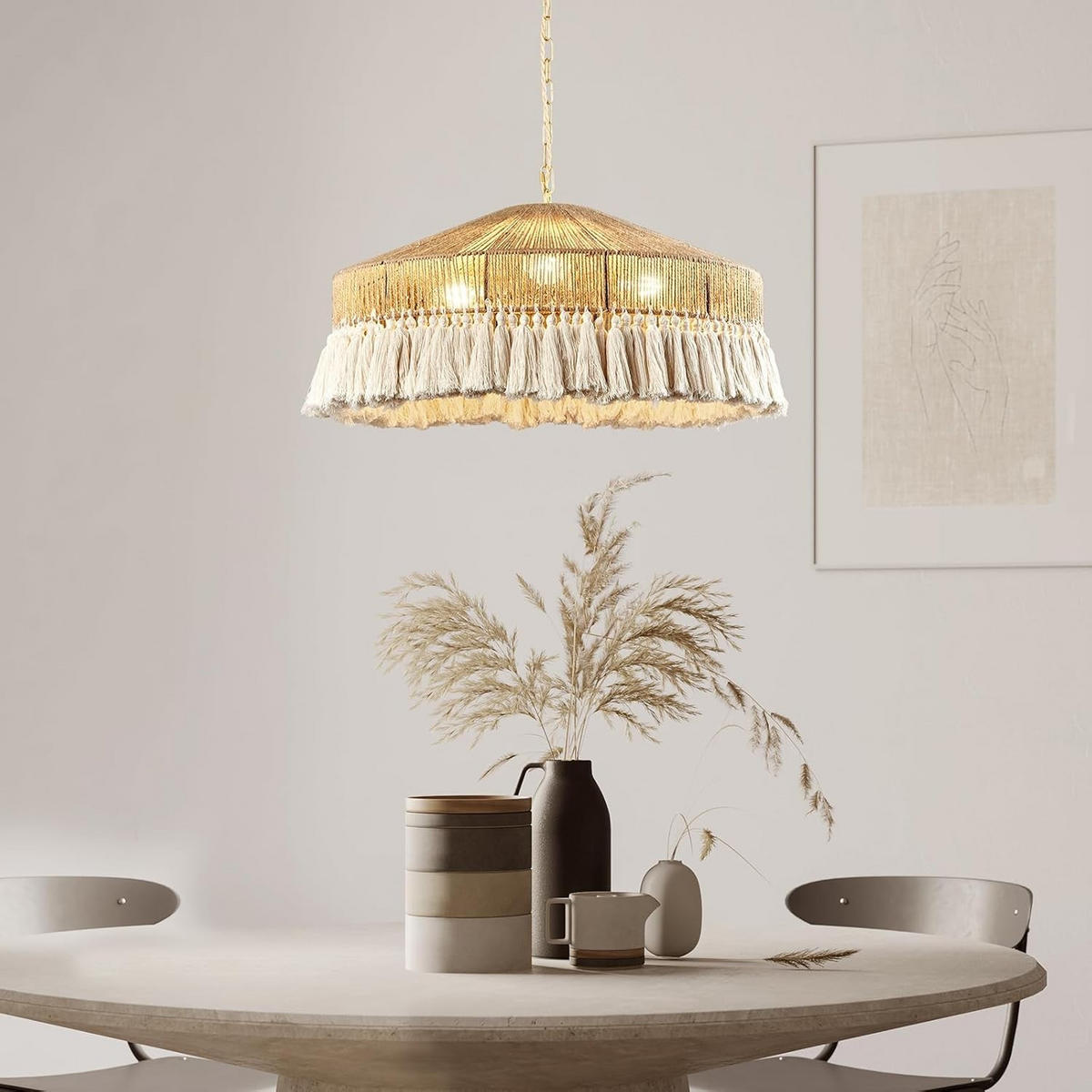 PENDELLEUCHTE Rattan Handgeflochten Bohème Groß - Beige, Naturmaterialien (50/50/22cm) - Authentics