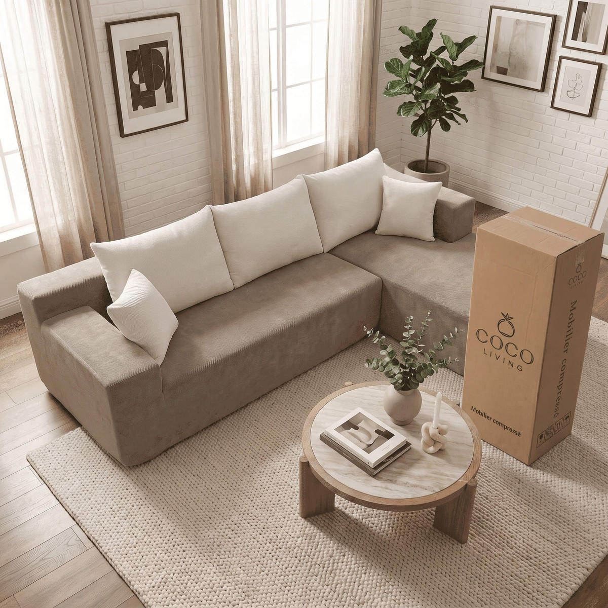 ECKSOFA Luna Sand Weiß 3-Sitzer Rechts - Beige/Weiß, Textil (267/175cm) - COCO Living