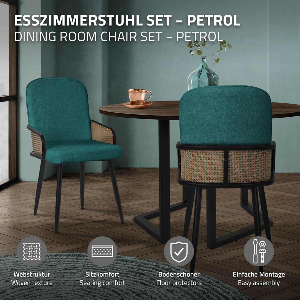 JÍDELNÍ ŽIDLE, sada 4 ks, petrolová barva, s látkovým potahem v ratanovém vzhledu - černá/petrolejová, kov/textil (51/91/61cm) - ML-DESIGN