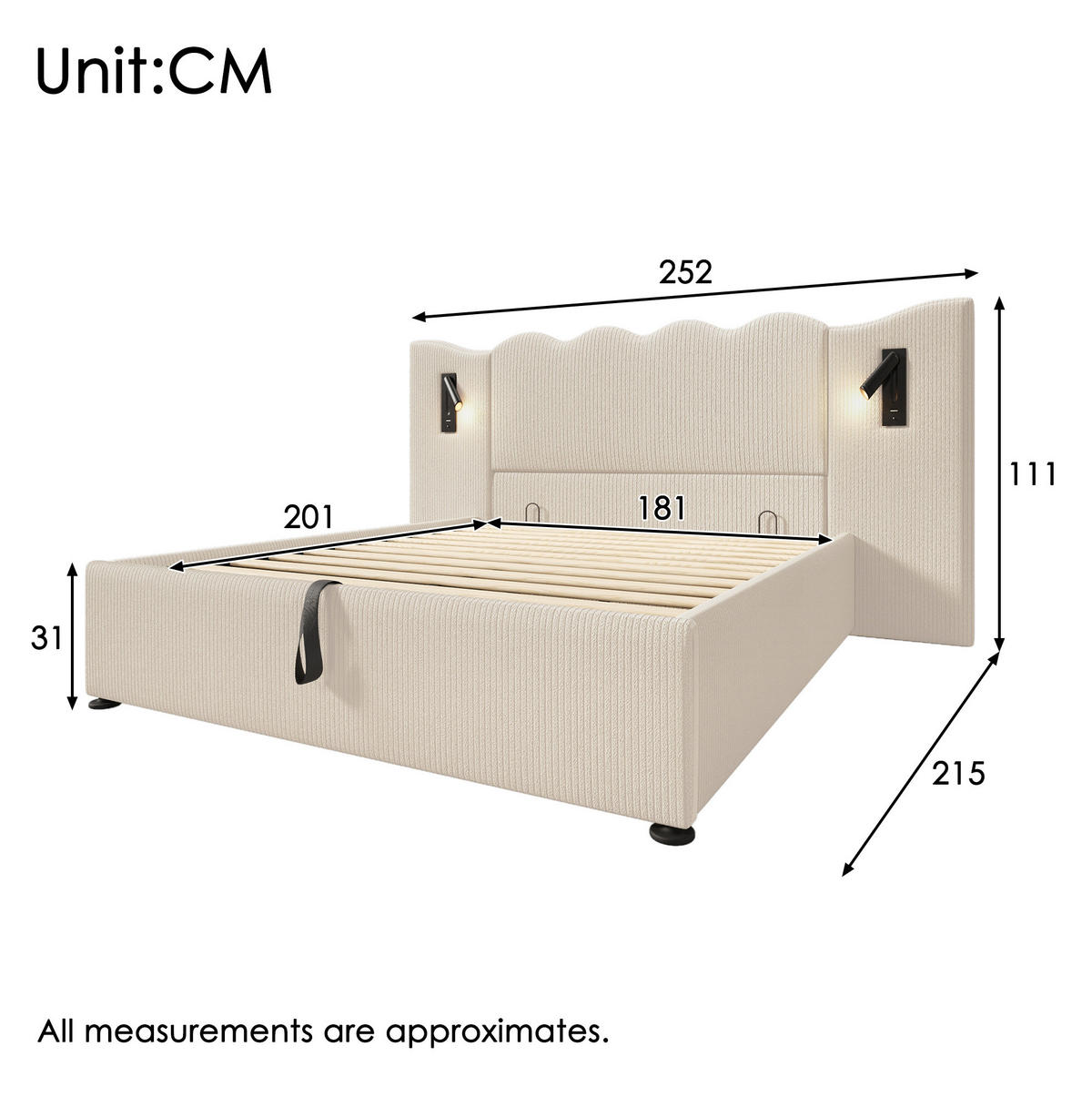 ČALOUNĚNÁ postel 180/200 cm béžovo-bílá z manšestru s lampičkou a USB-C nabíjením - béžová, kůže (180/200cm) - OKWISH