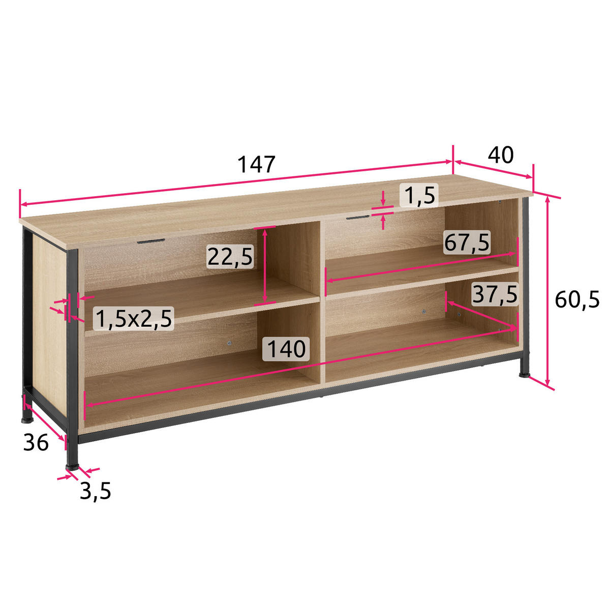 TV-ELEMENT Navan,147 x 41 x 60,5 cm,Industrial Holz hell, Eiche Sonoma - Naturfarben, Holzwerkstoff (41/60.5/147cm) - tectake