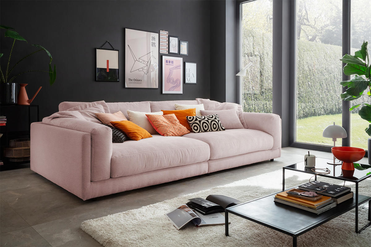BIG SOFA RAINA Pink Cord - Pink/Schwarz, Kunststoff/Textil (294/85/150cm) - KAWOLA