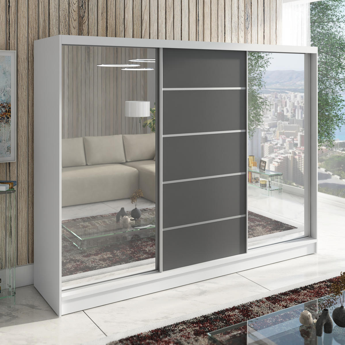 SCHWEBETÜRENSCHRANK 200 CM TOP Farbe: Weiß, Graphit - Graphitfarben/Weiß, Holzwerkstoff (200/215/60cm) - A&J MöbelLand