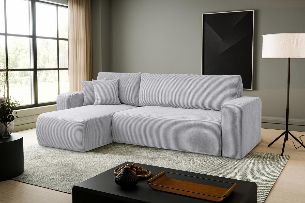 ECKSOFA LUNA mit Schlaffunktion und Bettkasten Cord-Stofff (Hellgrau) - Hellgrau, Textil (244/142cm) - VENASI MÖBEL
