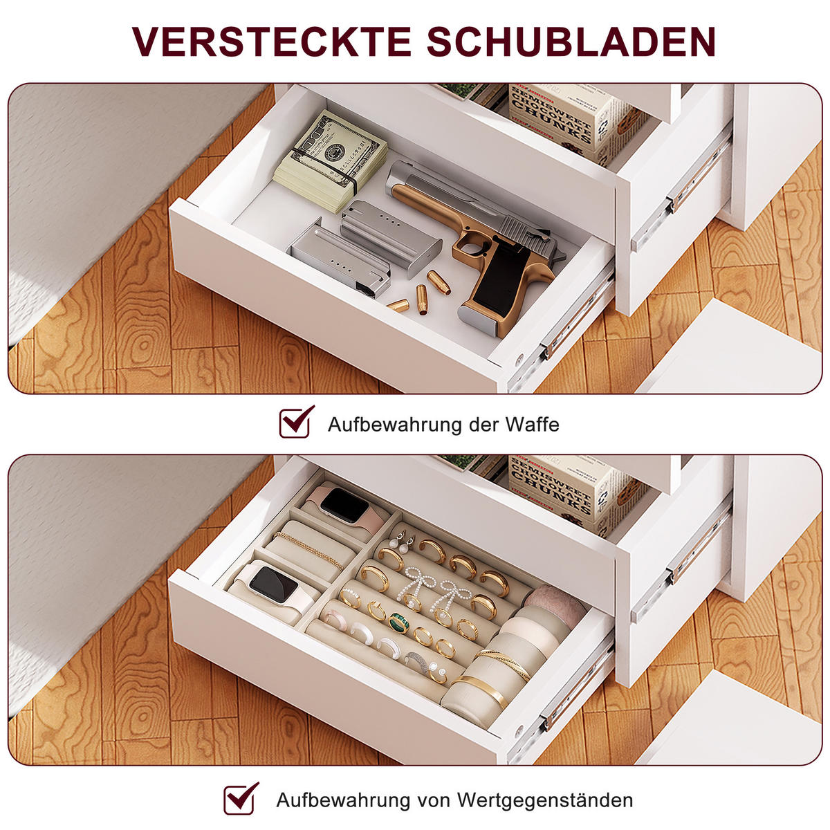 NACHTTISCH,BEISTELLTISCH Weiß mit LED-System, Steckdose, 2 Schubladen und Geheimfach - Weiß, Holz (40/60/40cm) - PARAFTA HOME