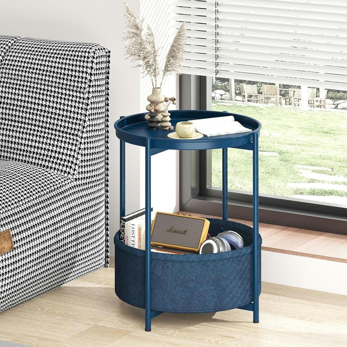 BEISTELLTISCH mit Stoffkorb Blau 44.5 x 52.1 cm - Blau, Metall (44.3/44.3/52cm)