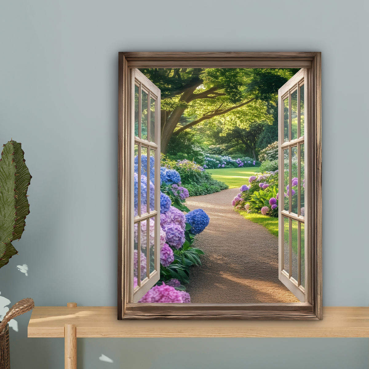 LEINWANDBILD Aussicht - Garten - Fenster - Hortensie - Blumen Room Decor 30x40 cm - Pastellblau, Textil (30/40cm) - MuchoWow