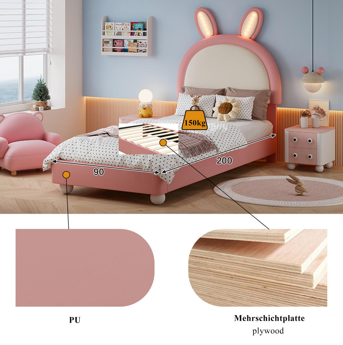 POLSTERBETT Hasenform 90/200 cm, Pink mit LED und Antikollisions-Schwammkante - Rosa, Kunststoff (90/200cm) - MIVRAY
