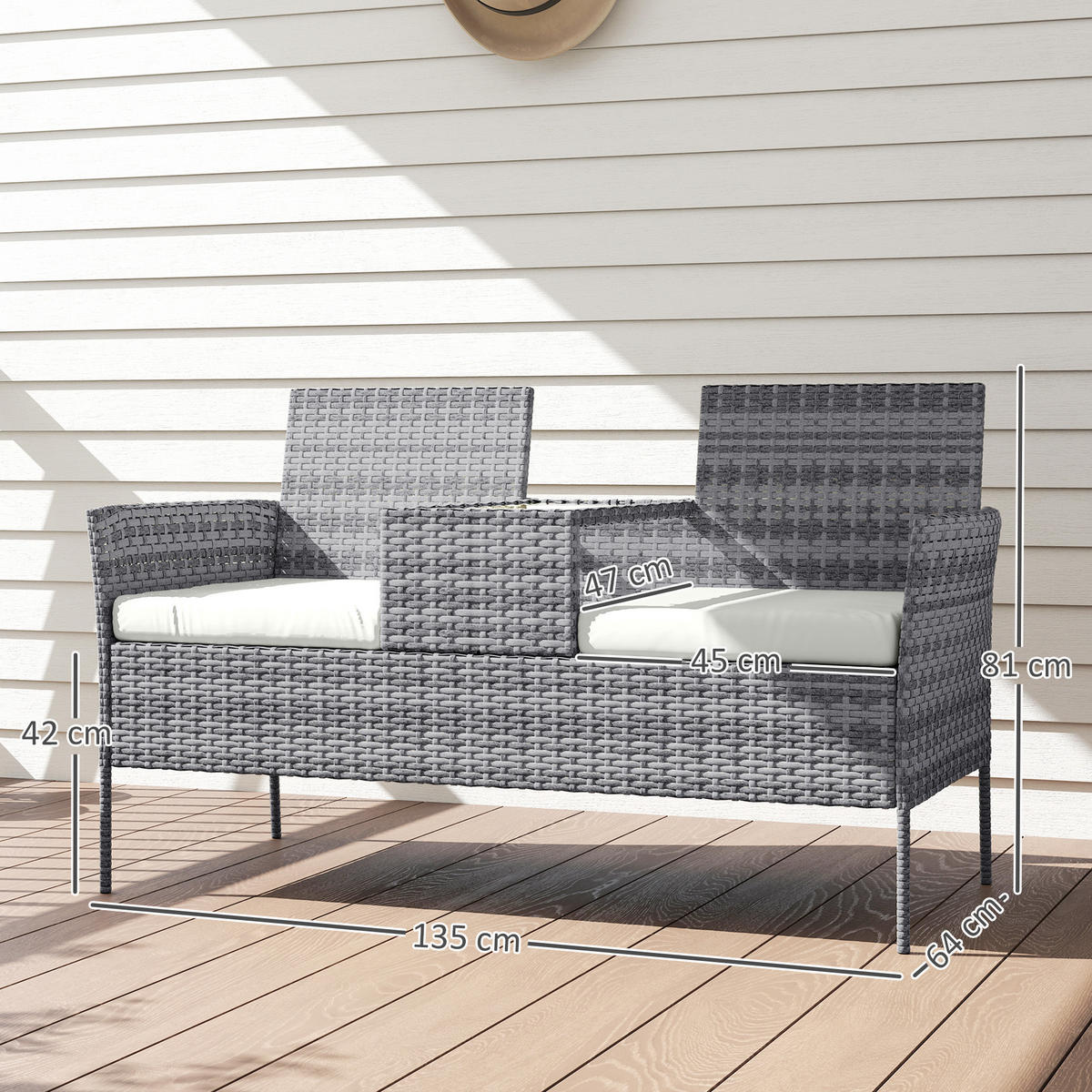 GARTENBANK 2-Sitzer DE-13678 mit integriertem Tisch Schwarz - Grau, Metall (135/81/64cm) - ComfortXL