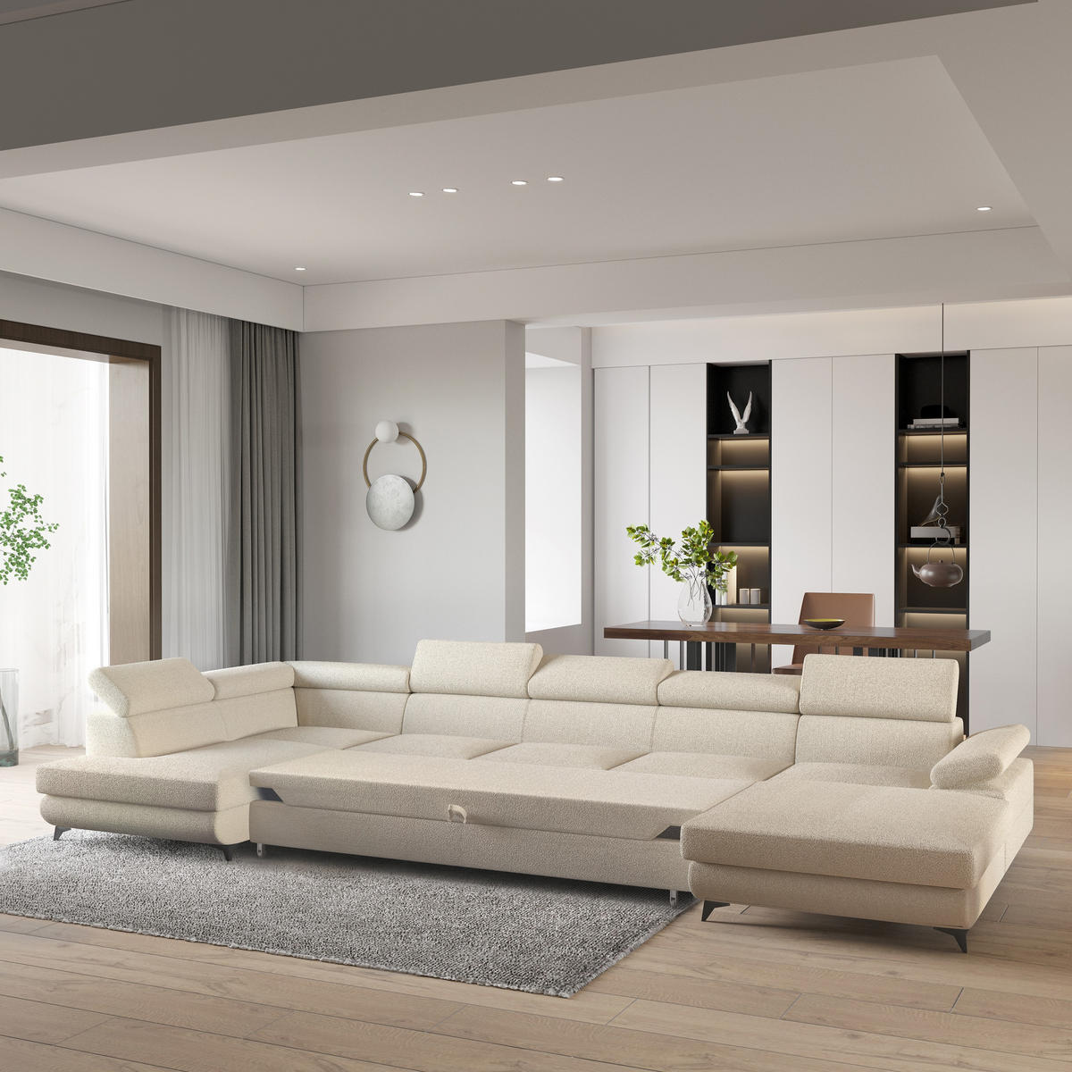 WOHNLANDSCHAFT MONTIVA Creme Boucle-Stoff mit Schlaffunktion - Creme, Holz (410/89/190cm) - MASSENO