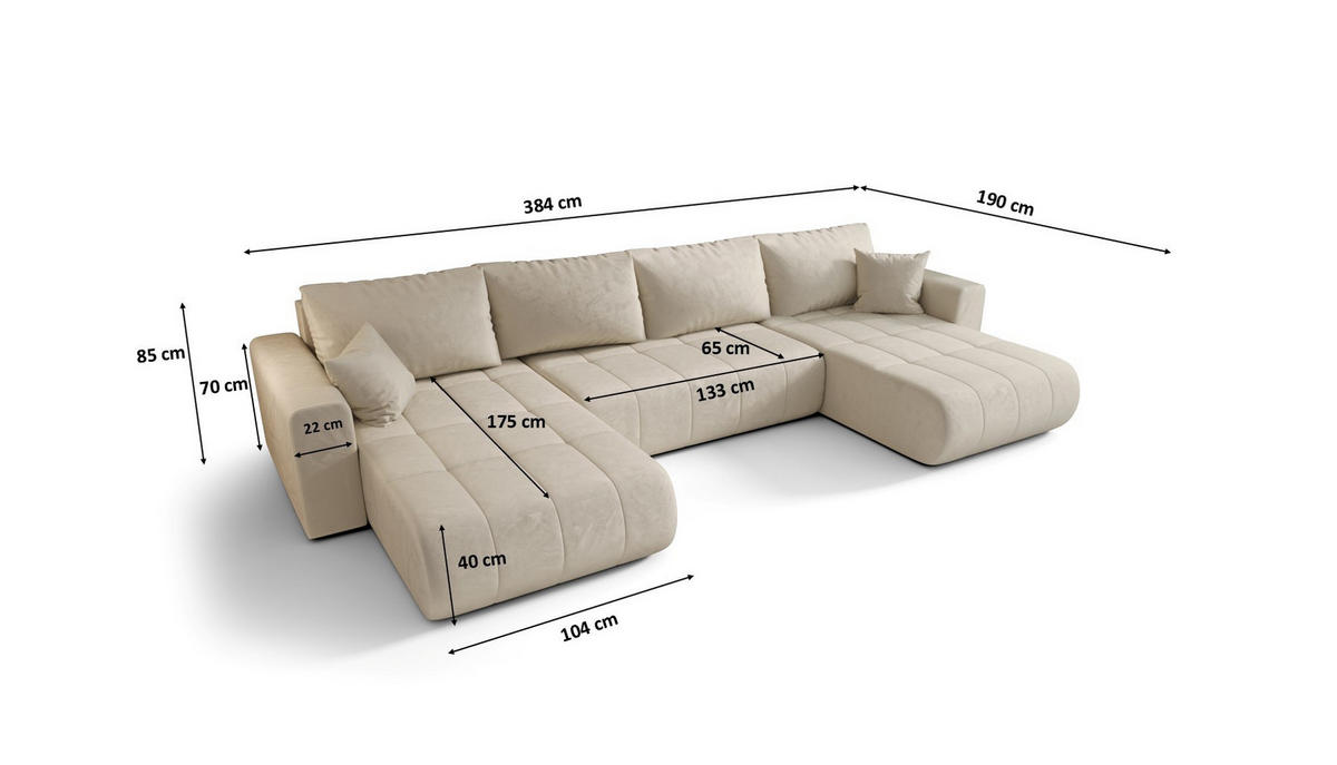 ECKSOFA mit schlaffunktion und bettkasten MILO U, stoff MONOLITH, Ecru - Ecru, Holz (384/190cm) - Kaiser Möbel