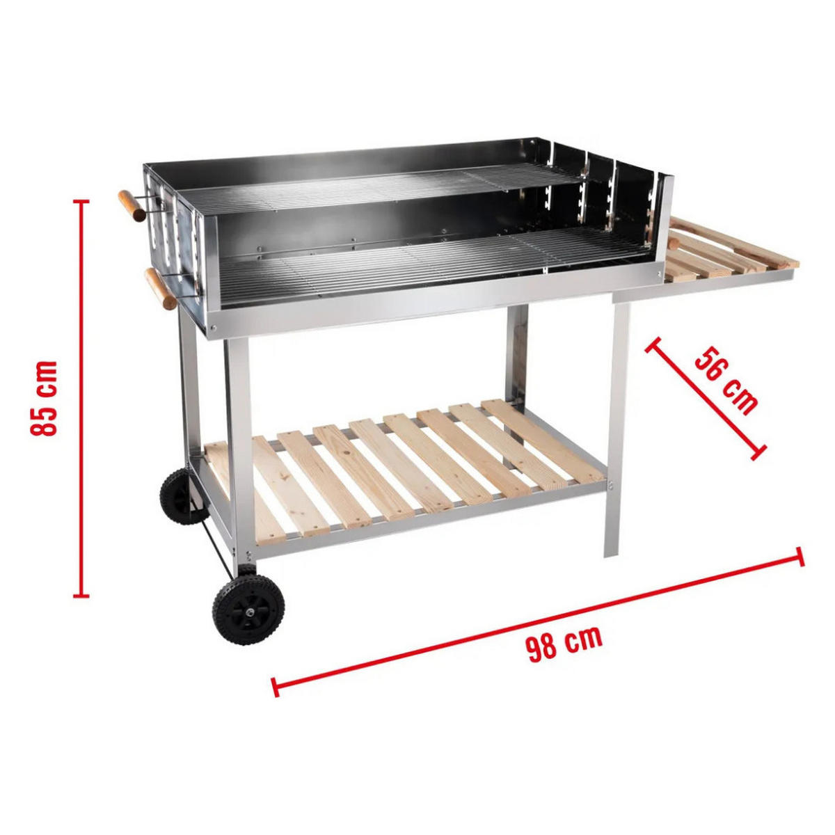HOLZKOHLEGRILL COLLECTION, BBQ, Edelstahl, Grillwagen, 100x60 cm, Holztisch, verchromte Grillroste, höhenverstellbar, Ablagefächer, Garten - Silberfarben/Schwarz, Metall (100/85/56cm) - BBQ Collection