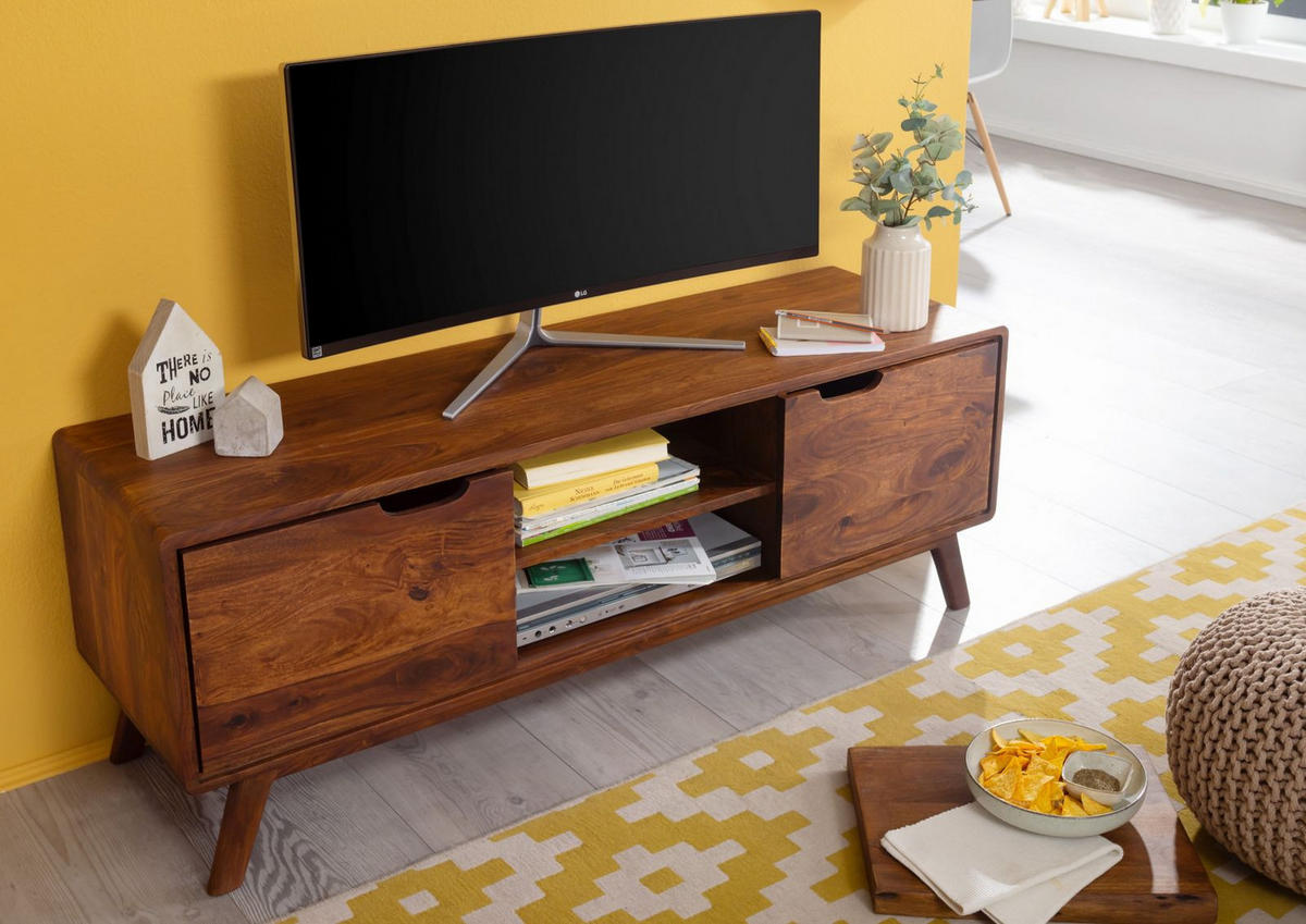 TV-BOARD Sheesham 134x40x48 walnuss gewachst MALMÖ 2 #119 - Dunkelbraun, Holz (134/48/40cm) - Massivmoebel24