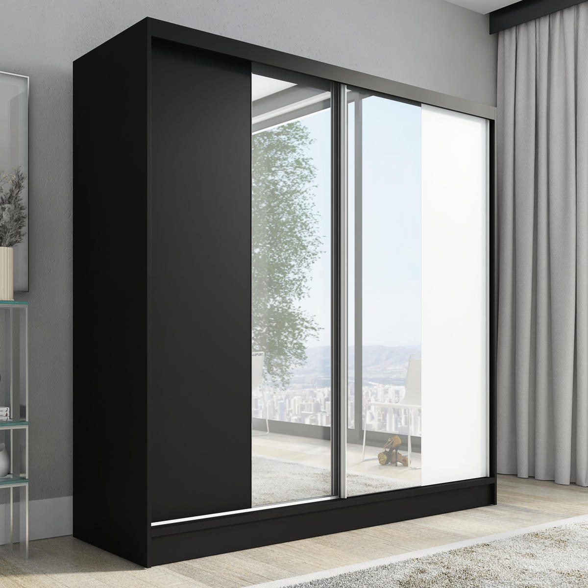 SCHWEBETÜRENSCHRANK 200 CM DUO Farbe: Schwarz | schwarz |weiß - Schwarz/Weiß, Holzwerkstoff (200/215/60cm) - A&J MöbelLand