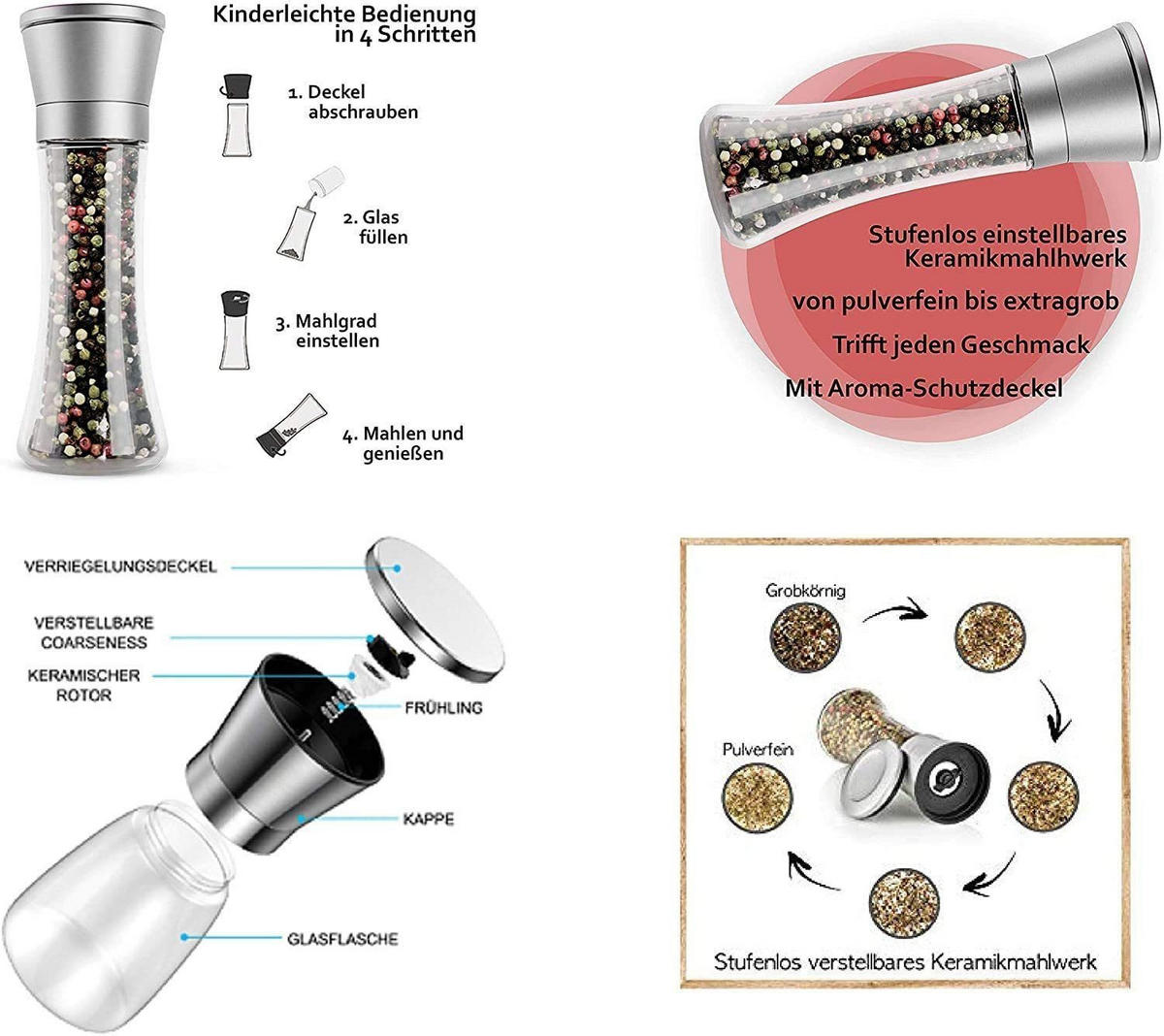 GEWÜRZMÜHLEN SET -Trudeau 2er- Salz- & Pfeffermühle Glas, nachfüllbare Salzmühle Gewürzmühle, Salzstreuer Pfefferstreuer, Gewürze, Salz - Transparent, Glas/Metall (6/19/6cm) - JUNG