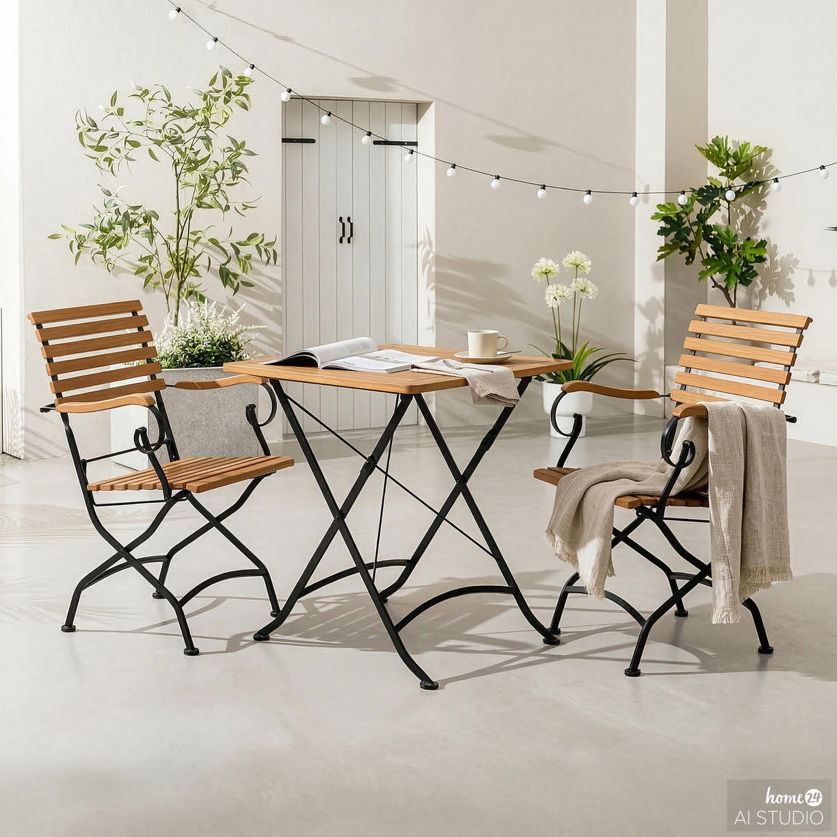 GARTENESSGRUPPE - Akazie massiv / Stahl - Akazie / Schwarz - 3-teilig - Schwarz/Akaziefarben, Holz/Metall - home24