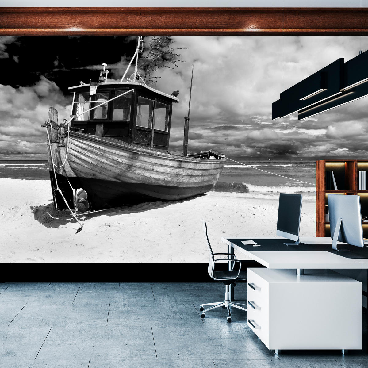 FOTOTAPETA Pre Obývaciu Izbu Čierno-Biela Loď Pláž More 450 x 315 cm - čierna/sivá, papier (450/315cm) - Muralo