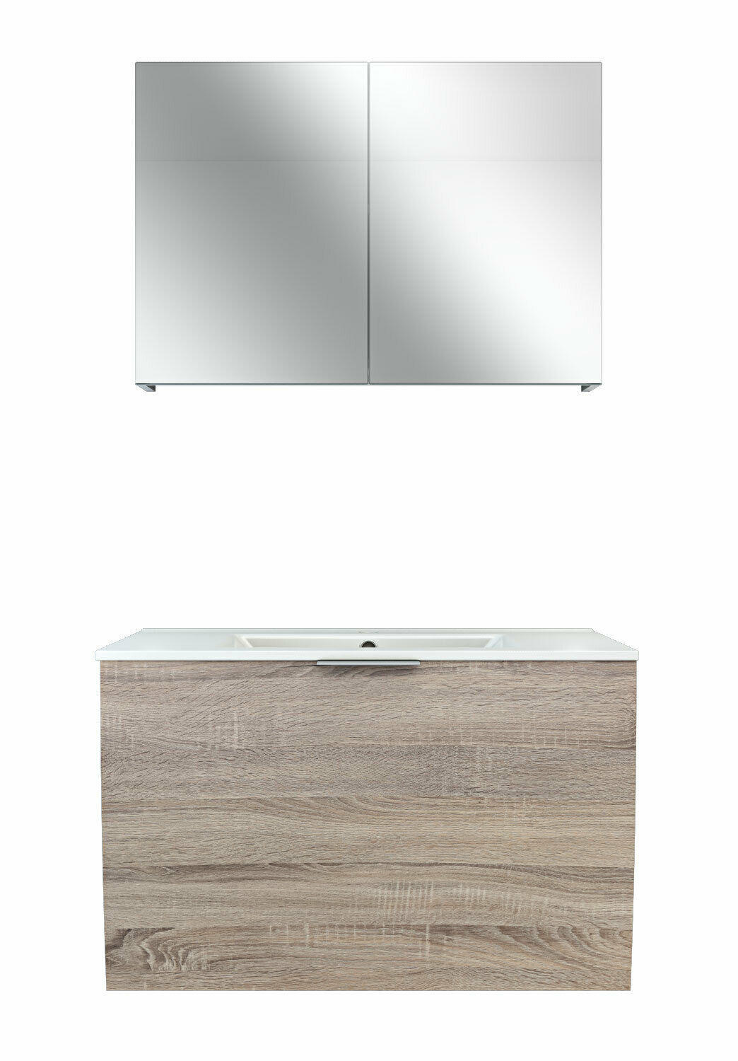 BADMÖBEL Set Gently 1 V1 Weiß/Eiche MDF Waschtisch 80cm JA mit 1x 5W LED-Strahler - Braun, Glas/Kunststoff (46/52/80cm) - AcquaVapore by Sandra Jentho