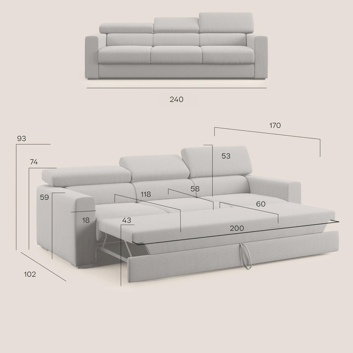LINEARSOFA Dylan - Rot, Textil (240/74/100cm) - Divani.store