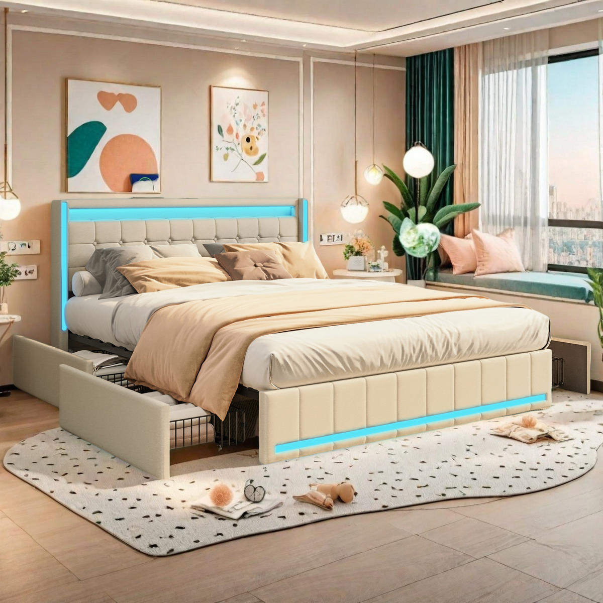 ČALÚNENÁ posteľ 140x200 cm béžová s LED osvetlením a 4 zásuvkami - béžová, kov (140/200cm) - SHOPENTRA