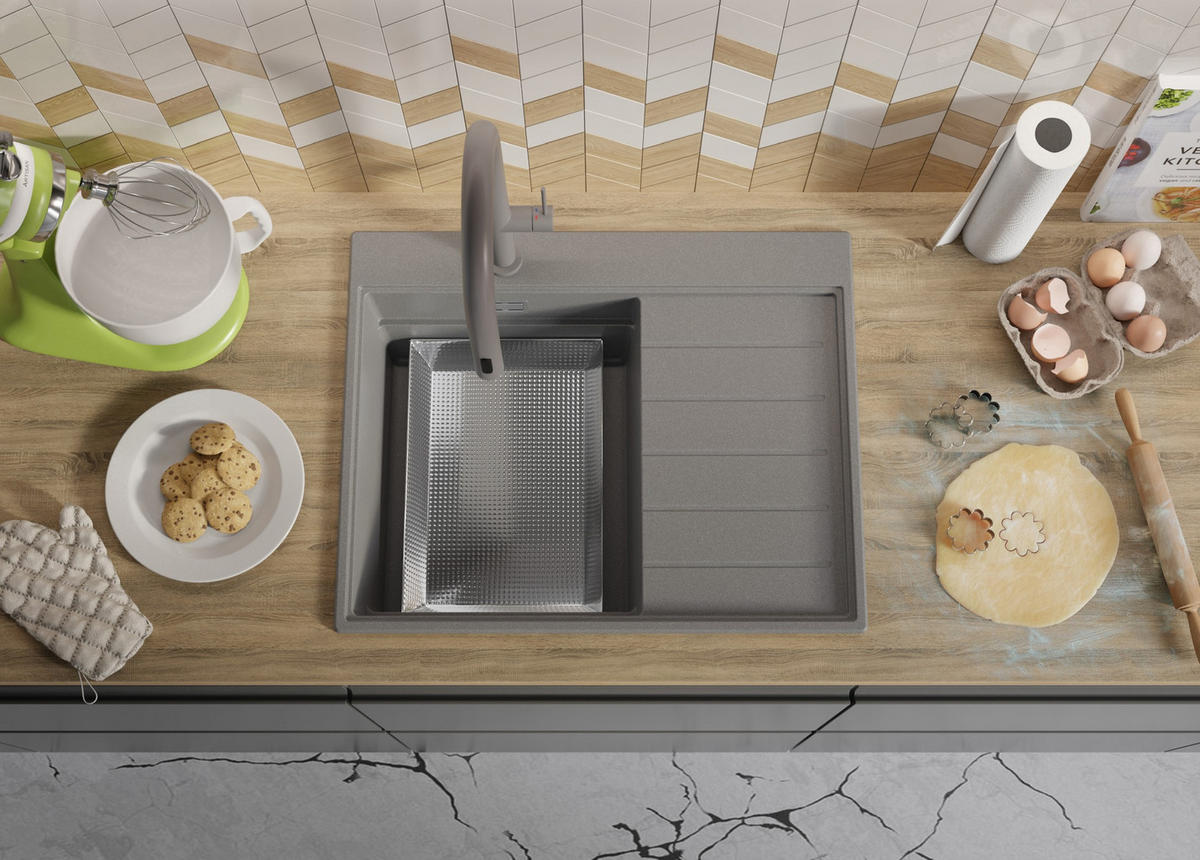SPÜLBECKEN Sydney, 2-er set Grau 62/50 cm 1 Becken + Ablauf-Set + Küchenzubehörset ab 40er Unterschrank - Chromfarben/Beige, Kunststoff (62/20/50cm) - Primagran