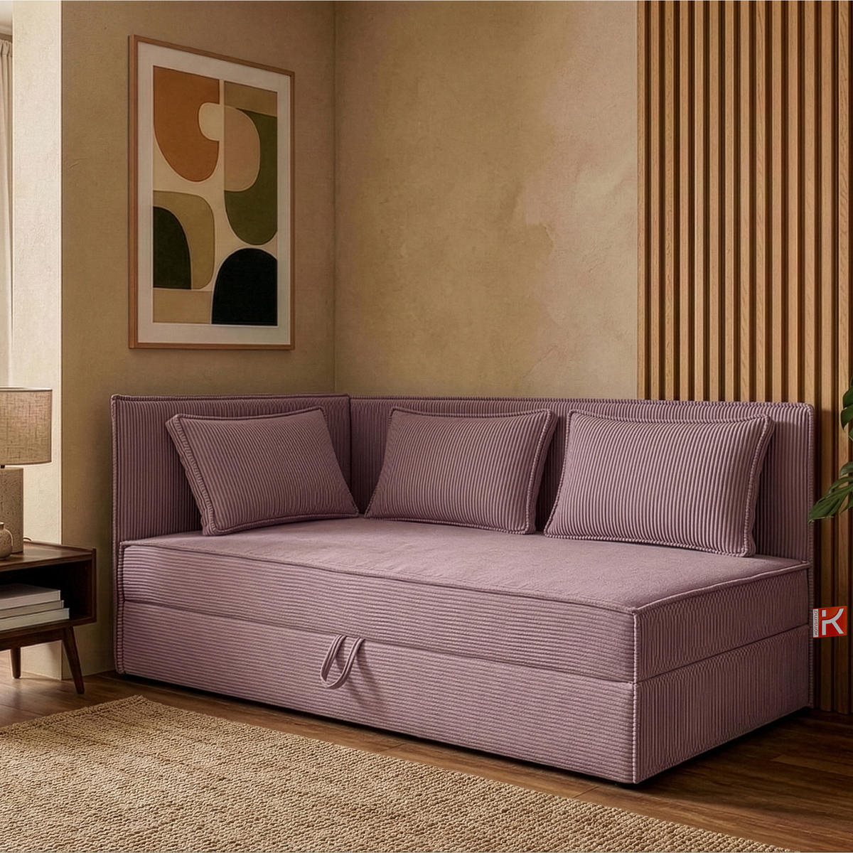 JUGENDBETT ROTI Einzelbett mit Bettkasten, 90x200cm, Bett mit Bonellmatratze, mit Rückenlehne - Lila/Schwarz, Holz/Holzwerkstoff (92/200cm) - KONSIMO®