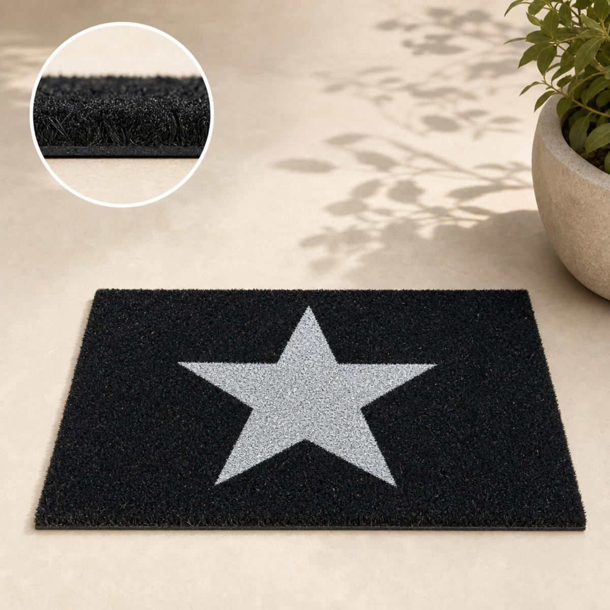 FUSSMATTE Schwarz Kokos Sternmotiv 60x40 cm - Schwarz, Kunststoff/Textil (40/60cm) - Relaxdays