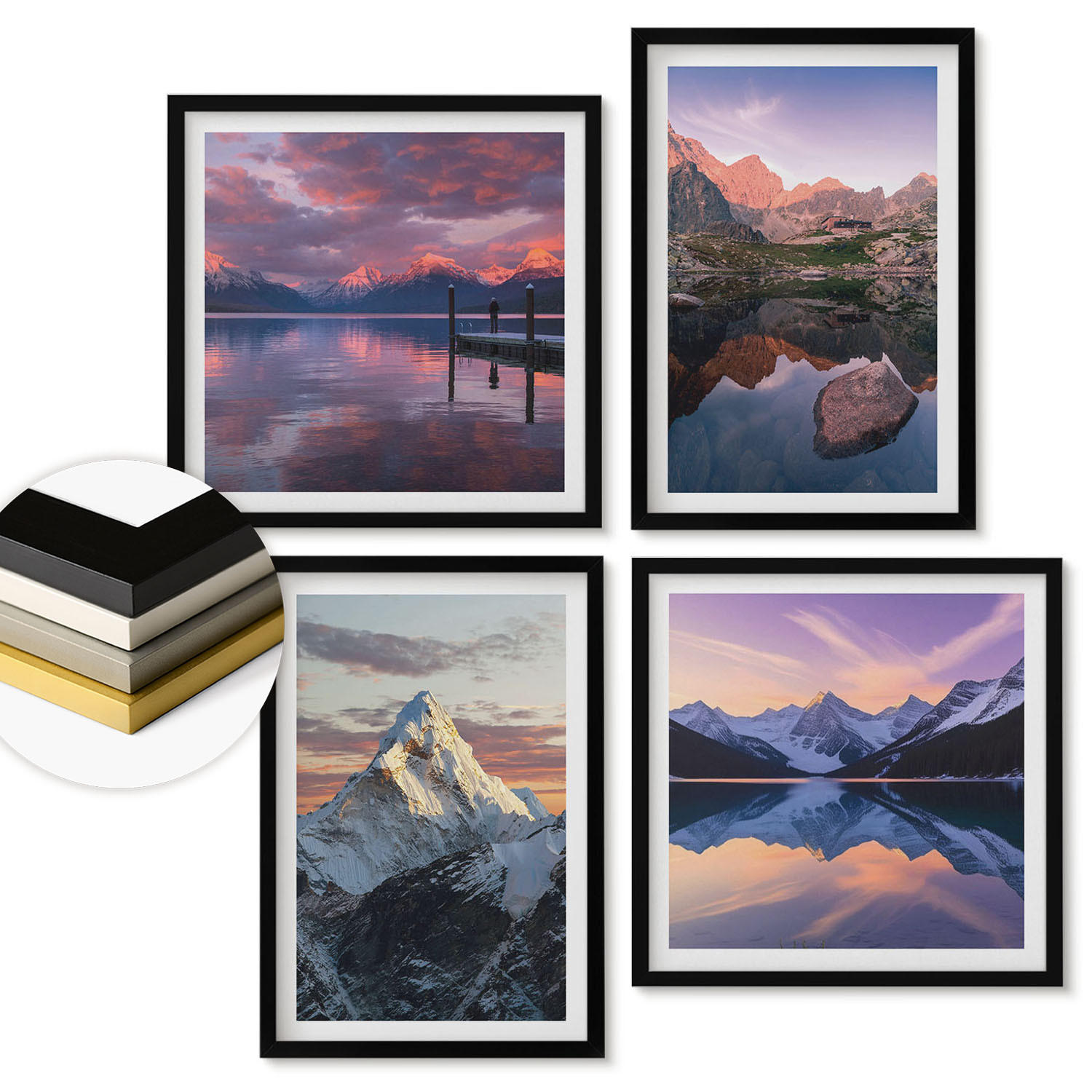 WANDBILDER 4er-Set - 50x50 cm & 40x60 cm Schwarzer Rahmen - Berglandschaften im Hintergrund - Schwarz, Kunststoff (50/50cm) - ArtPrintCave