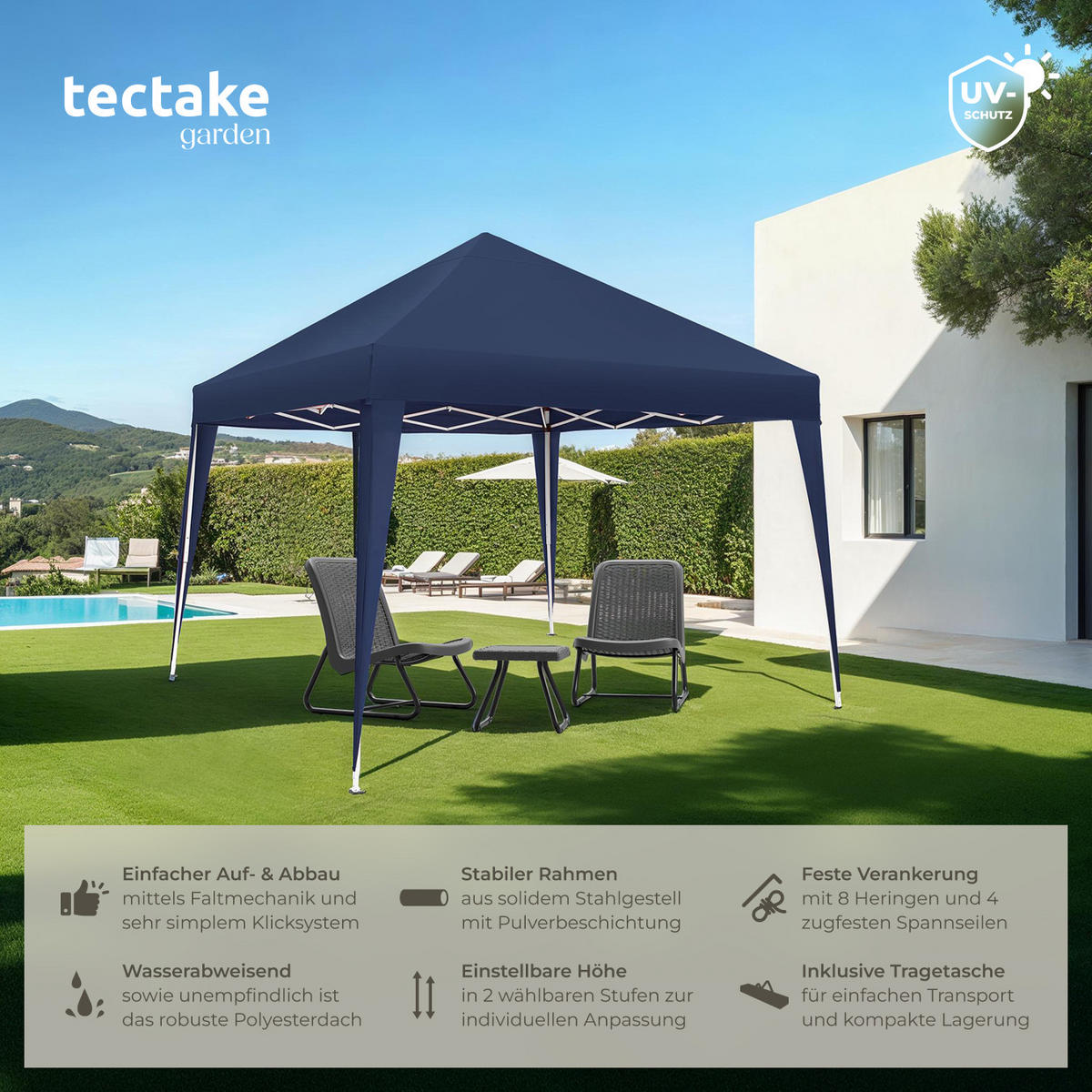 PAVILLON Linosa,inklusive Spannseile, Heringe und Tragetasche,blau - Blau, Kunststoff (300/255/300cm) - tectake