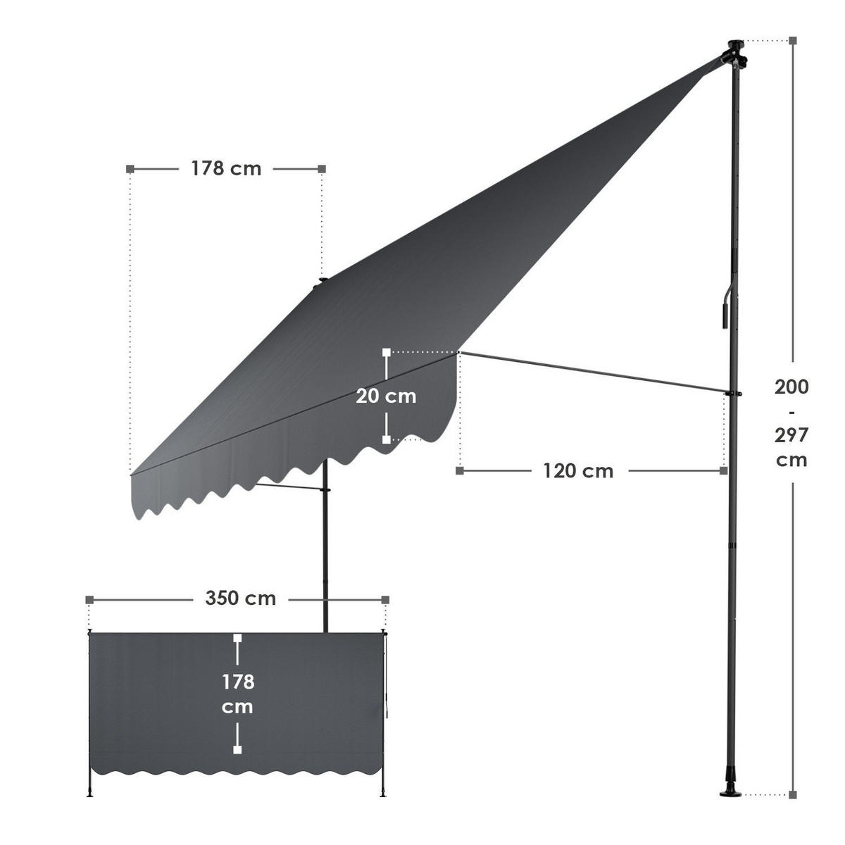 KLEMMMARKISE Kapstadt grau 350x120 cm - Grau, Textil (350/200/120cm) - Juskys