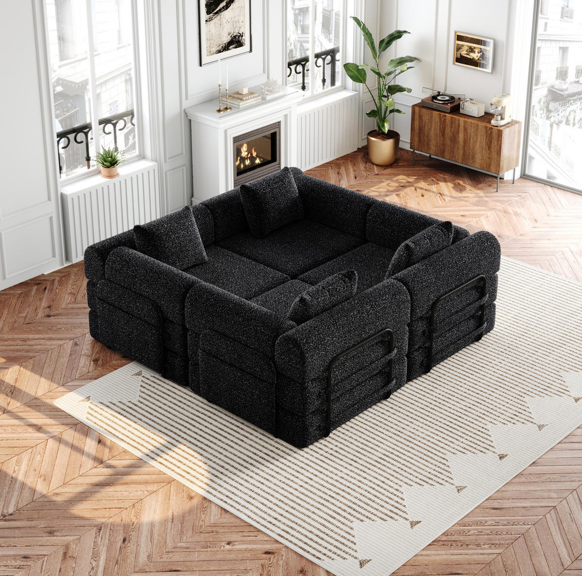 SCHLAFSOFA aus Chenille Schwarz 2-in-1 mit Armlehnen-Ablagefach und flexibler Modulnutzung - Schwarz, Textil (94/49.5/181.6cm) - Modfu