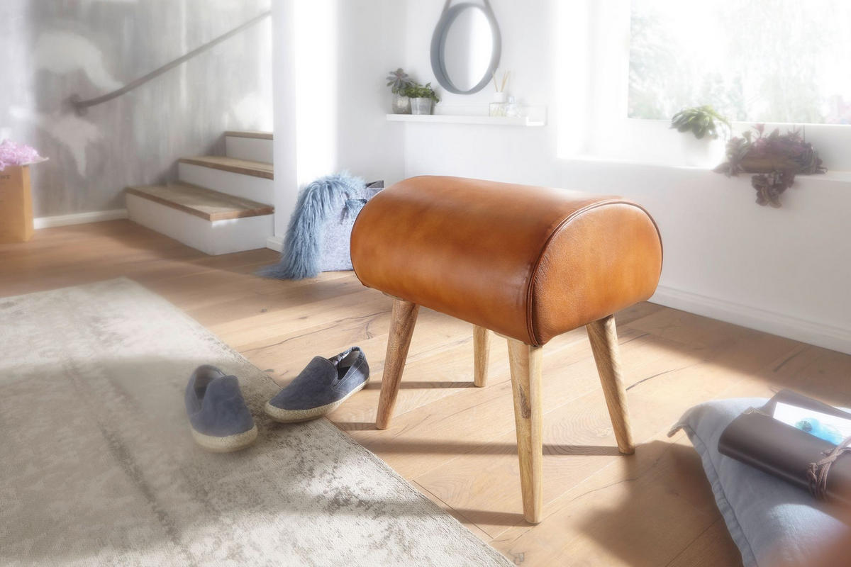 SITZHOCKER – Echtleder/Massivholz, 45x53x40 cm, 120 kg Belastbarkeit - Braun, Mangoholz/Leder (45/53/40cm) - KADIMA DESIGN