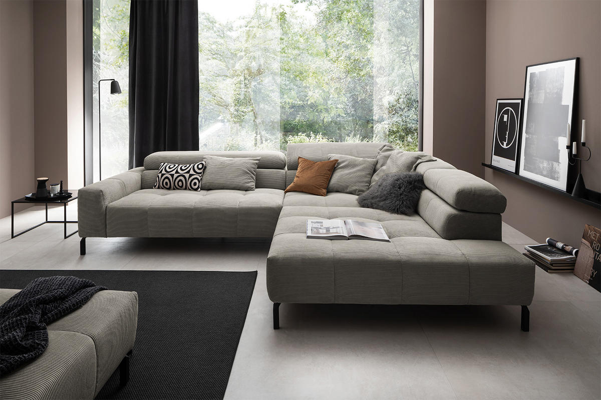 ECKSOFA OHIO Grau Cord - Schwarz/Grau, Textil/Metall (311/219cm) - KAWOLA