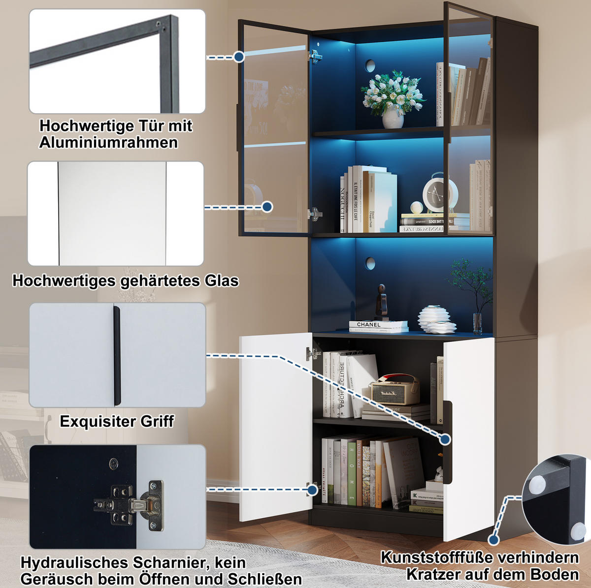 VITRINE 80/30/200 cm in Weiß mit Glastüren und LED-Beleuchtung - Weiß, Holzwerkstoff (80/200/30cm) - Flora Grace