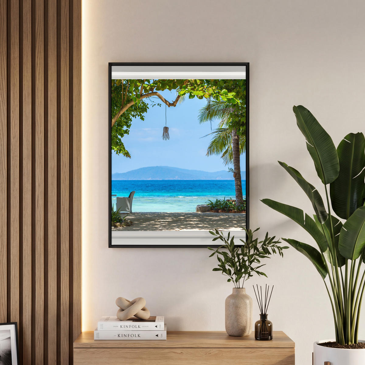 LEINWAND Bilder mit Rahmen - Aussicht - Baum - Meer - Palme - Hügel - Strand - Blau - 50x70 - Blau, Textil (50/70cm) - MuchoWow