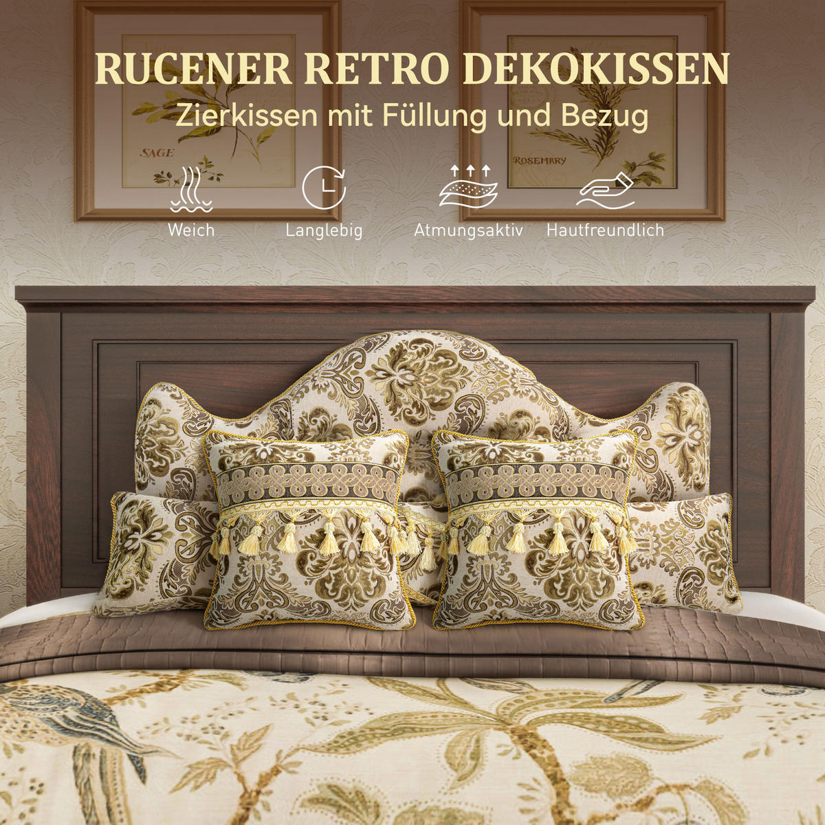 NACHTTISCHKISSEN Goldene Blume Beige 60*140cm 3er-set - Beige, Textil (15/140cm) - Vercart