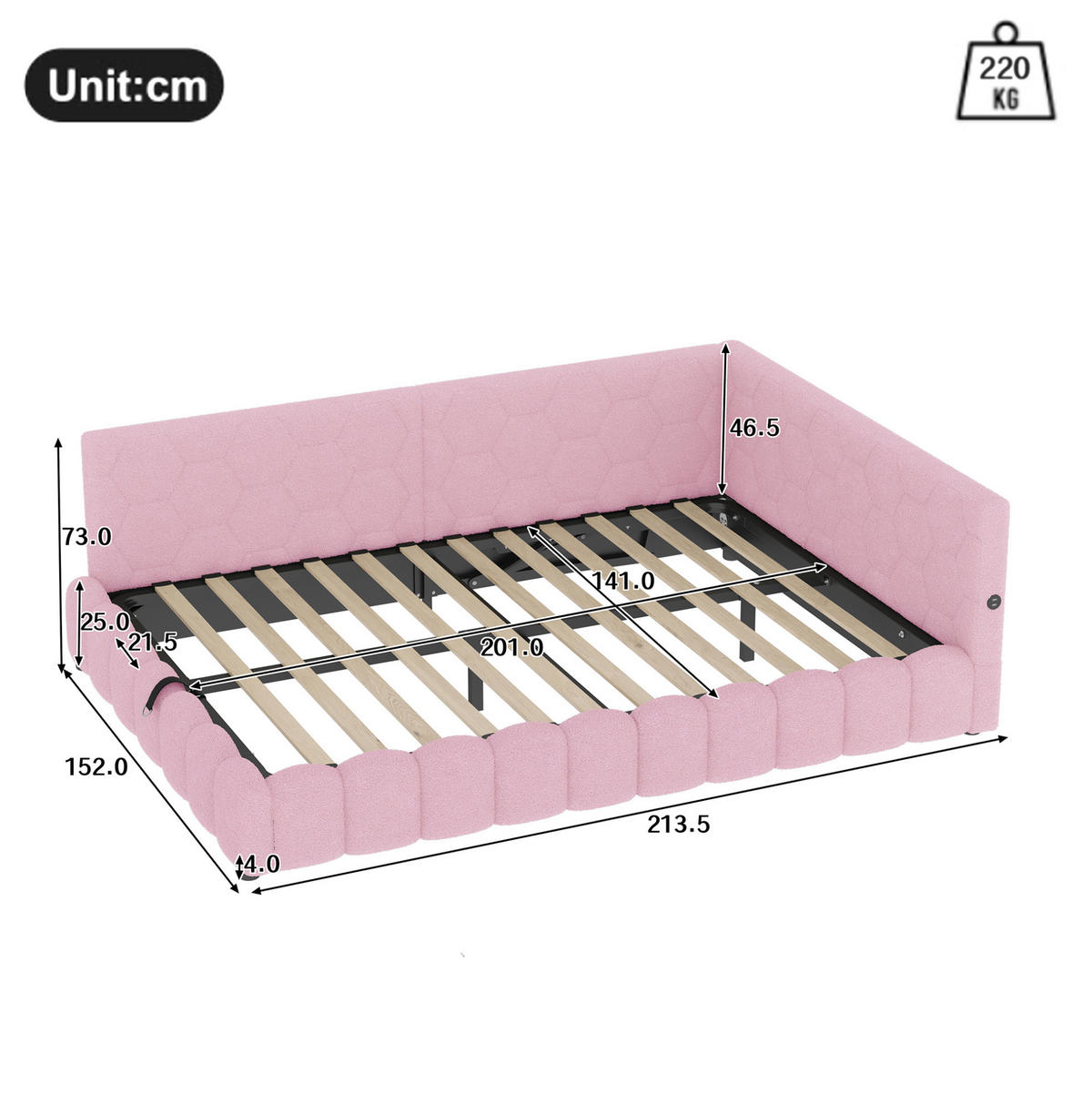 POLNJENA postelja iz žameta in MDF 140x200 cm roza z LED osvetlitvijo, USB-C in hidravličnim predalom - roza, tekstil (140/200cm) - Modfu