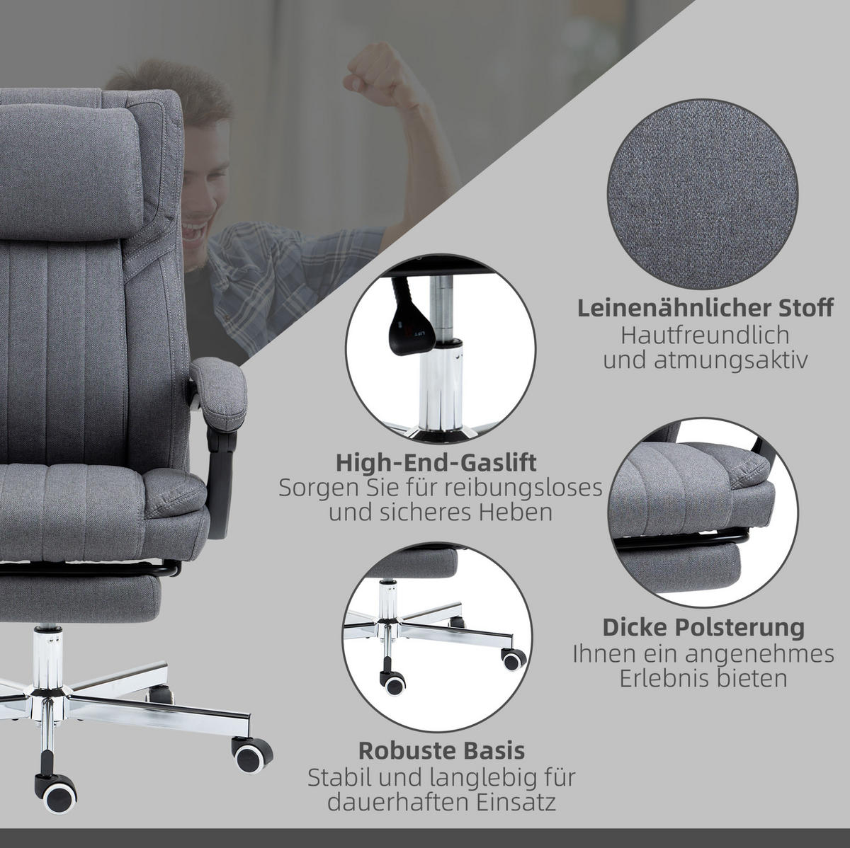 DREHSTUHL 65/61/105-113 cm grau aus Polyester mit Massagefunktion - Grau, Kunststoff (61/113/65cm) - OKWISH